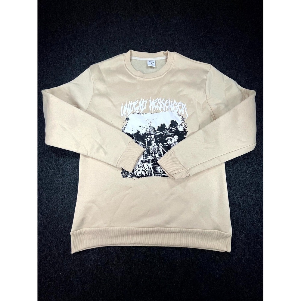 TREND Life Is Messenger Skeleton Graphic Sweatshirt Mens Medium Beige Crew Neck